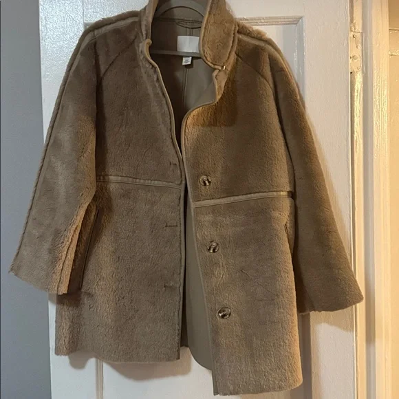 NEW H&M Teddy Faux Leather Shearling Coat Sz Small $119 Beige Mushroom - Picture 4 of 5